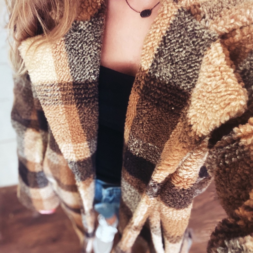 American Eagle Brown Plaid Sherpa Coat Jacket